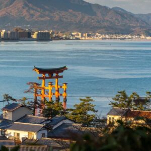 Great floating gate (O-Torii) and Hiroshima city view from Miyaj