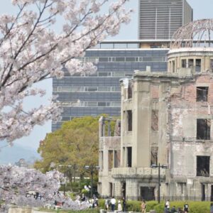 Sakura and Atomic bomb dome, Hiroshima, Japan