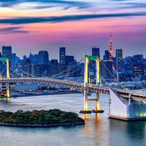 Rainbow bridge Illumination at Sunset with Tokyo Tower Background, Odaiba, Tokyo, Japan