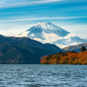 beautiful autumn scene of mountain Fuji and Lake Ashinoko, Hakone, Japan, travel background